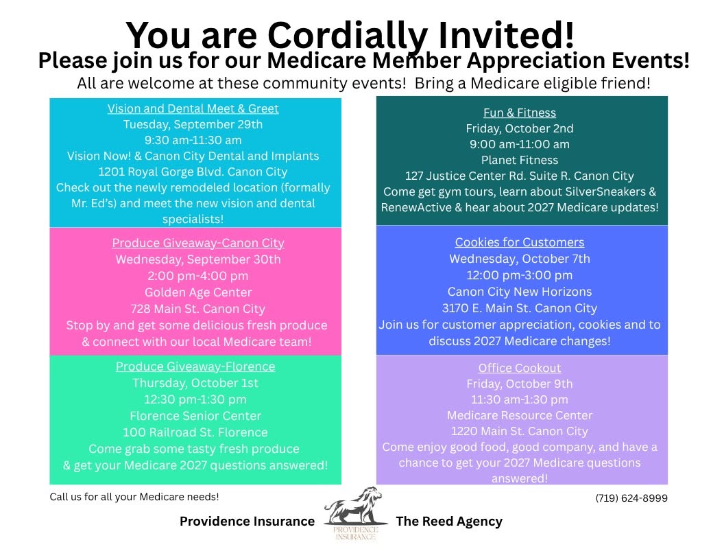 Flyer for Providence Insurance — The Reed Agency Medicare Member Appreciation Events